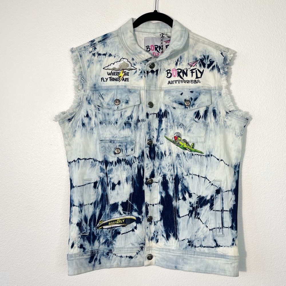 NEW Born Fly Denim Men Vest Blue Multi Streetwear Embroidered Anytown USA Medium